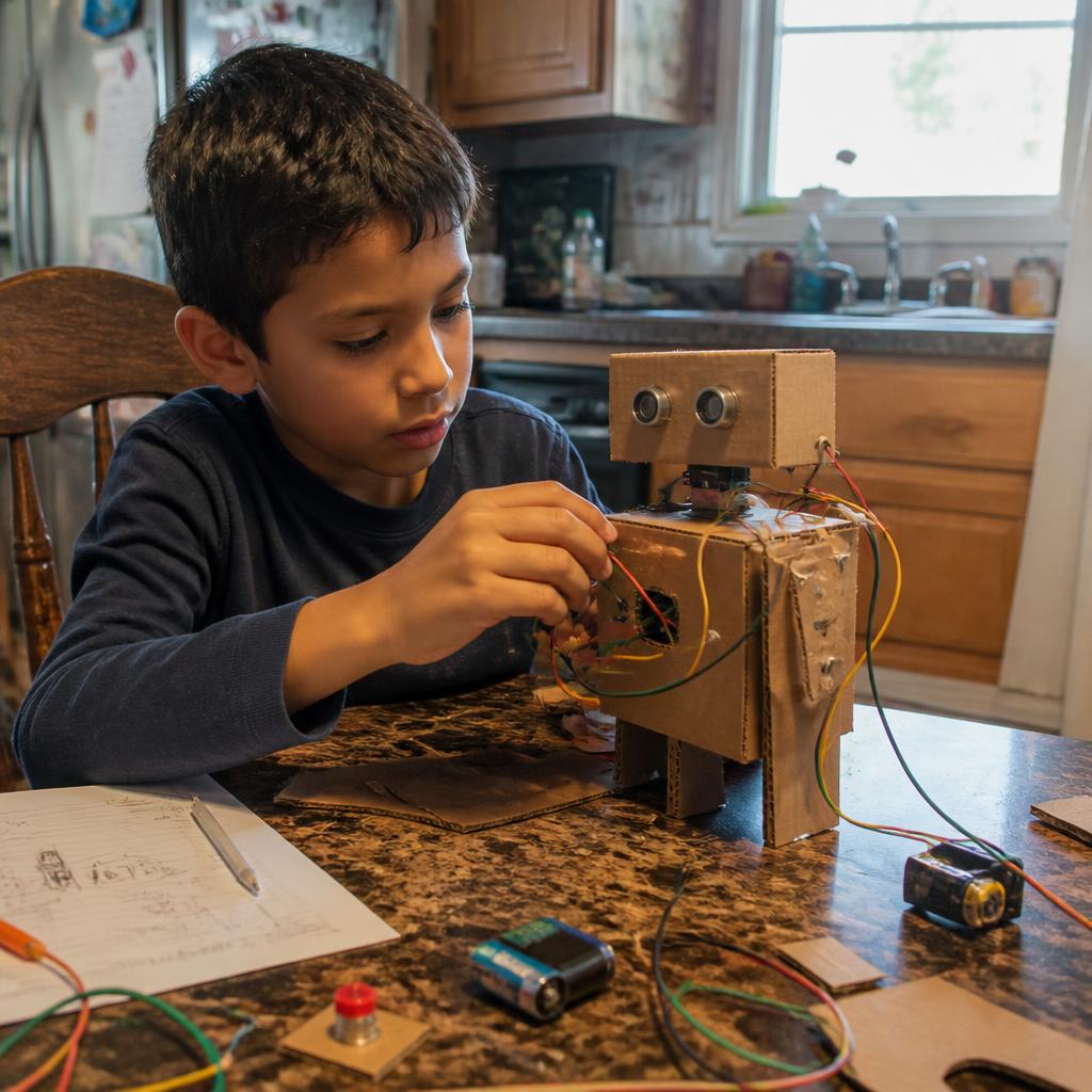 Niño armando robot con cartón y cables