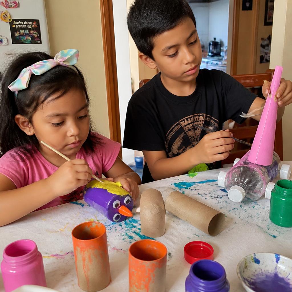 Hermanos creando manualidades con botellas recicladas