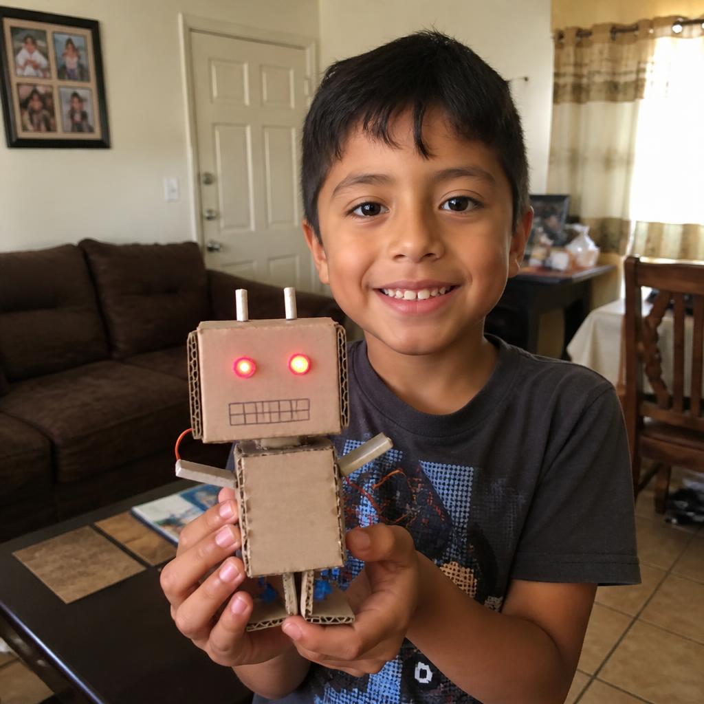 Niño sosteniendo orgulloso su robot casero
