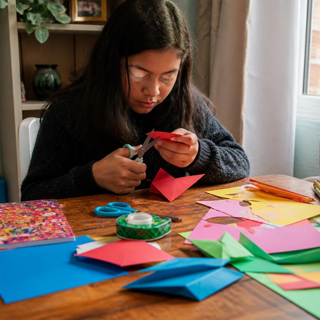 Niña recortando origami de papel de colores