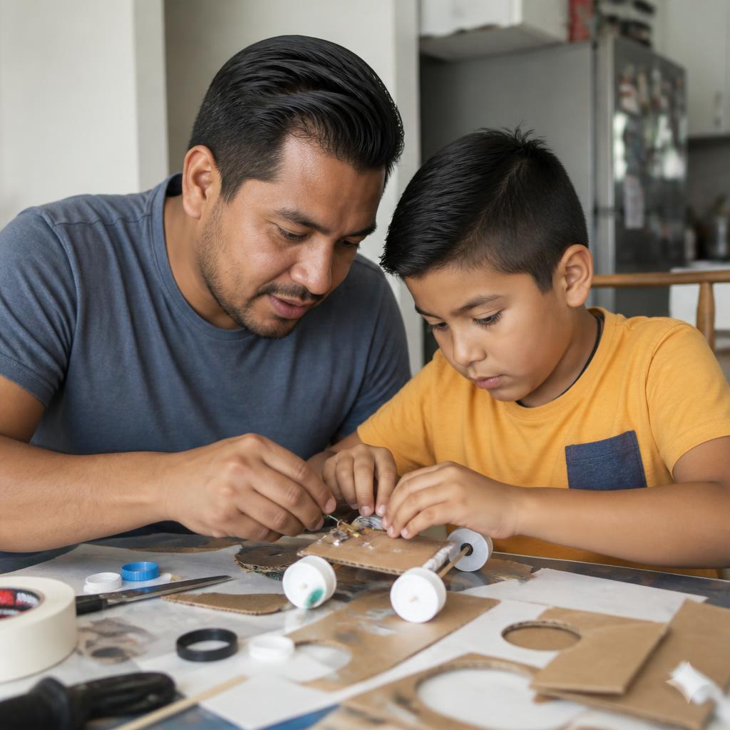 Padre e hijo construyendo un carrito con motor